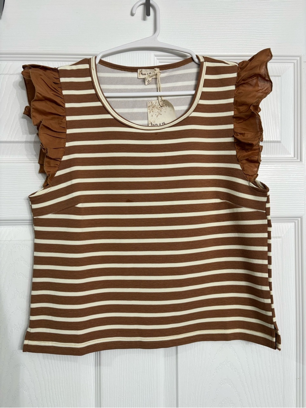 Hem & Thread Brown and Cream Striped Ruffle Sleeve Tank